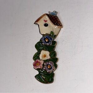 Handmade and Painted Clay Birdhouse Blue Bird and Flower Pin Lapel Brooch 3”